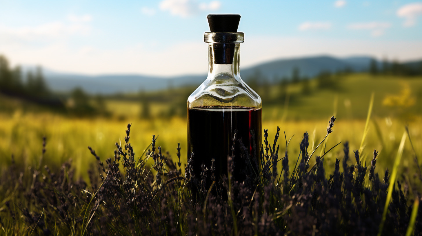 Schwarzkümmelöl in Flasche auf dem Feld